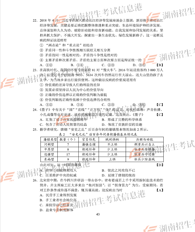 2018年山西高考文綜試題