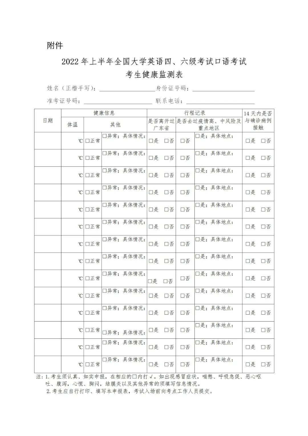 2022年上半年全國大學(xué)英語四、六級考試口語考試考生健康檢測表