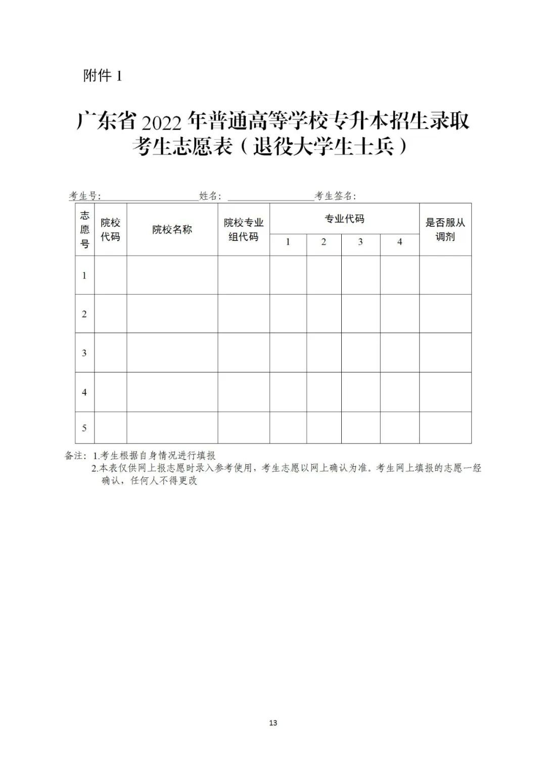 廣東省2022年普通高等學(xué)校專升本招生錄取考試志愿表（退役大學(xué)生士兵）